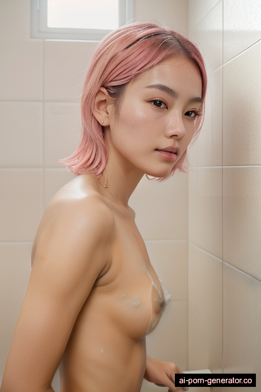 japanese athletic young-adult woman with small boobs and pink hair of shoulder length, splitting legs in shower, wearing naked, with shaved pussy