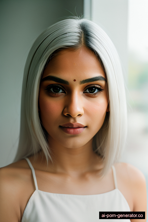 indian average built young-adult woman with small boobs and white hair of shoulder length, sitting in classroom, wearing lingerie, with shaved pussy