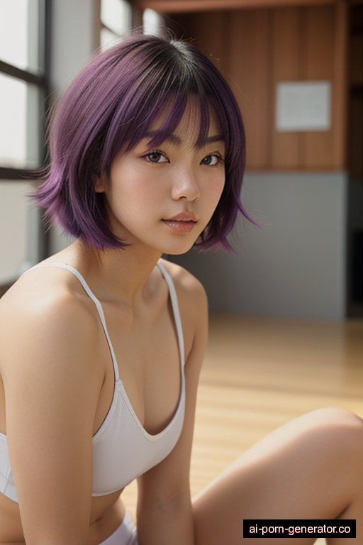 japanese athletic young-adult woman with medium boobs and purple hair of shoulder length, sitting in gym, wearing naked, with shaved pussy