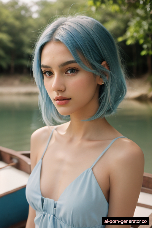 brazilian skinny young-adult woman with small boobs and blue hair of shoulder length, standing in boat, wearing swimsuit, with shaved pussy