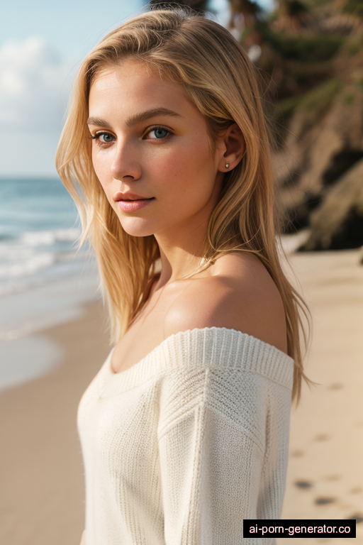 white average built adult woman with small boobs and blonde hair of shoulder length, standing in beach, wearing sweater, with shaved pussy