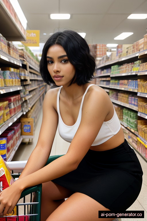 black athletic young-adult woman with medium boobs and black hair of shoulder length, sitting in supermarket, wearing naked, with shaved pussy