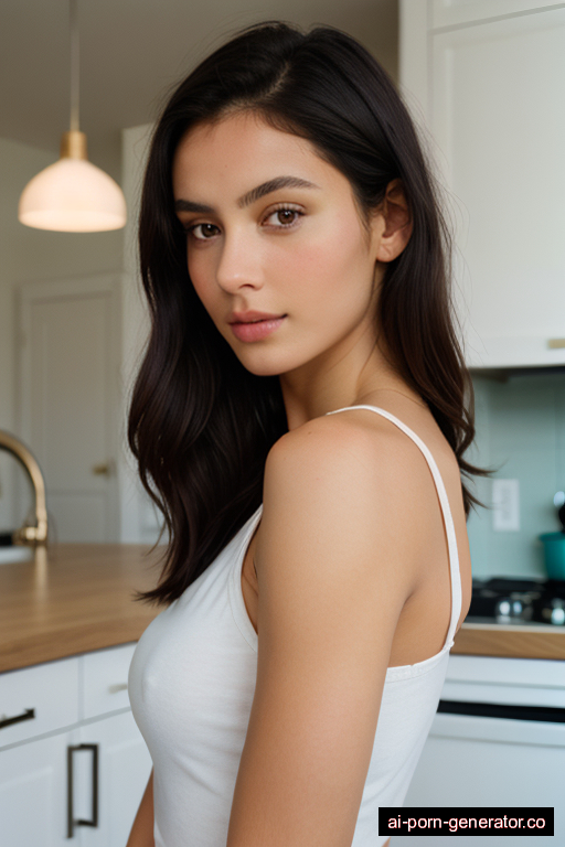 french athletic young-adult woman with small boobs and dark hair of shoulder length, bending over in kitchen, wearing panties only, with shaved pussy