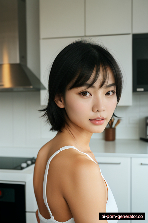 chinese athletic young-adult woman with small boobs and dark hair of shoulder length, bending over in kitchen, wearing naked, with shaved pussy