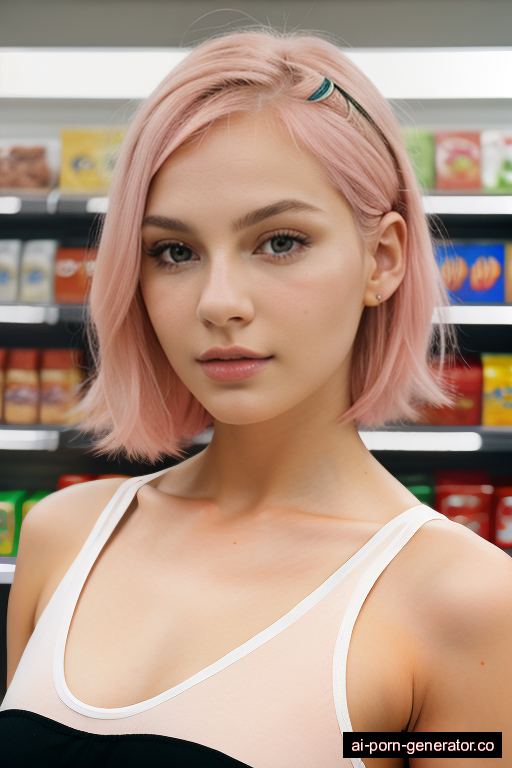 russian athletic young-adult woman with small boobs and pink hair of shoulder length, bending over in supermarket, wearing naked, with shaved pussy