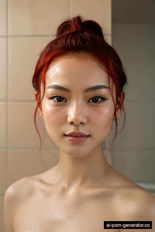 chinese skinny young-adult woman with small boobs and red hair of shoulder length, splitting legs in shower, wearing naked, with shaved pussy