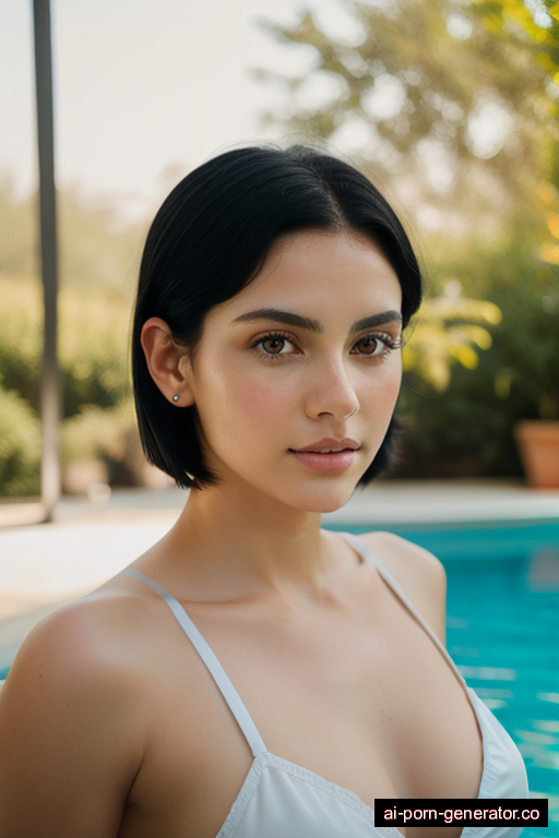 white average built young-adult woman with medium boobs and black hair of shoulder length, bending over in pool, wearing naked, with shaved pussy