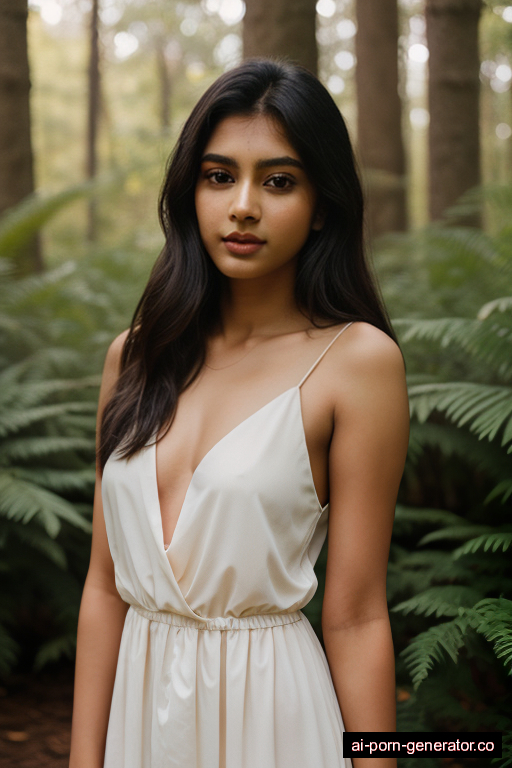 indian average built teen woman with small boobs and dark hair of shoulder length, standing in forest, wearing dress, with shaved pussy