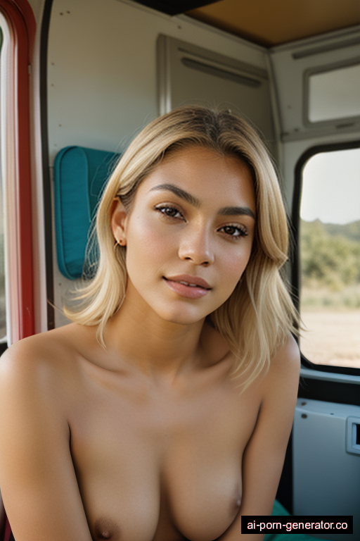 latino average built adult woman with medium boobs and blonde hair of shoulder length, lying down in camper van, wearing naked, with shaved pussy