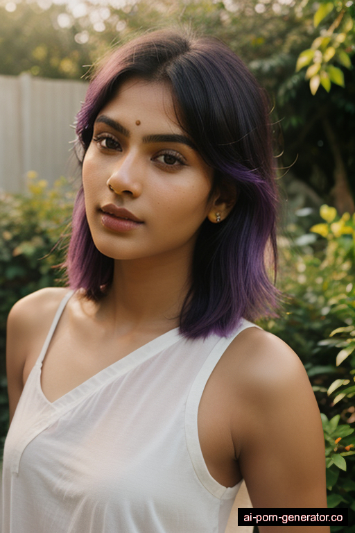 indian athletic young-adult woman with small boobs and purple hair of shoulder length, bending over in garden, wearing naked, with shaved pussy