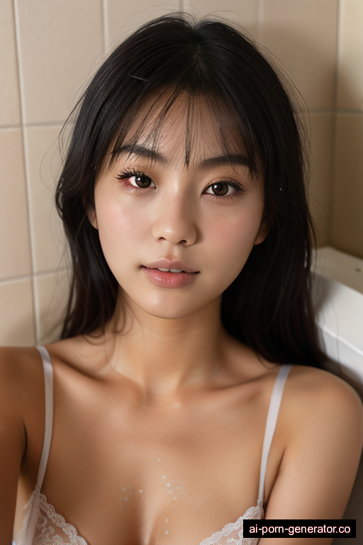 japanese skinny teen woman with medium boobs and dark hair of shoulder length, lying down in shower, wearing lingerie, with shaved pussy