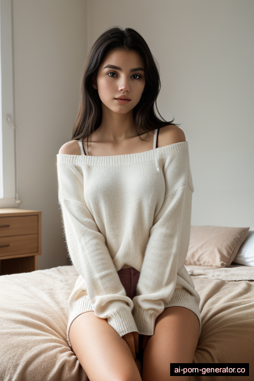 white average built teen woman with small boobs and dark hair of shoulder length, sitting in bedroom, wearing sweater, with shaved pussy