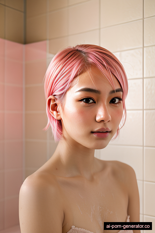 japanese skinny young-adult woman with medium boobs and pink hair of shoulder length, sitting in shower, wearing naked, with shaved pussy