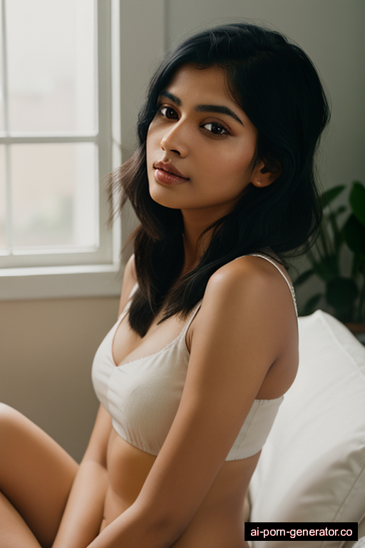 indian athletic young-adult woman with small boobs and black hair of shoulder length, sitting in bedroom, wearing panties only, with shaved pussy