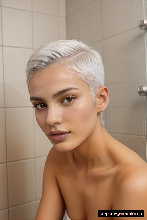 nigerian athletic young-adult woman with small boobs and white hair of shoulder length, sitting in shower, wearing naked, with shaved pussy