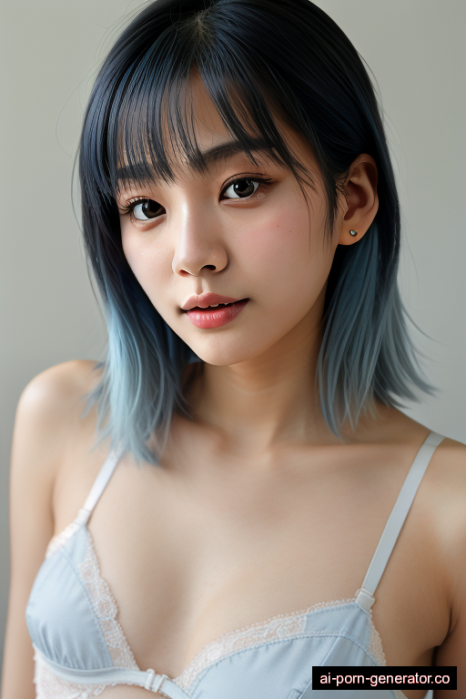 korean skinny teen woman with small boobs and blue hair of shoulder length, sitting in bedroom, wearing bra only, with shaved pussy