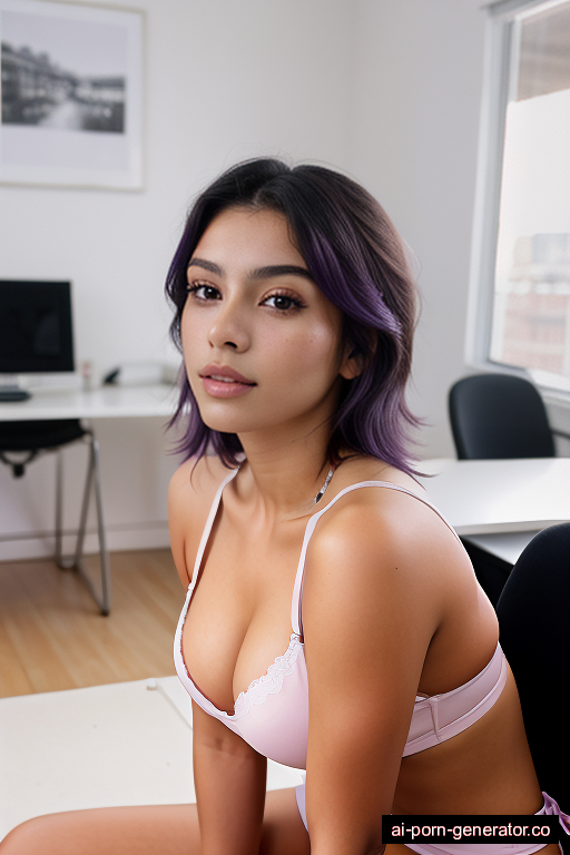 mexican athletic teen woman with medium boobs and purple hair of shoulder length, lying down in office, wearing harness, with shaved pussy