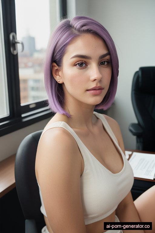 white average built young-adult woman with medium boobs and purple hair of shoulder length, sitting in office, wearing naked, with shaved pussy