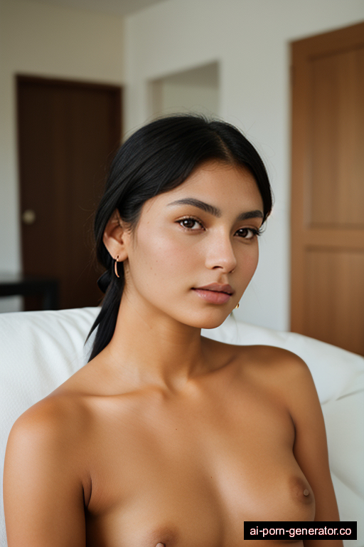 native american athletic young-adult woman with small boobs and dark hair of shoulder length, bending over in living room, wearing naked, with shaved pussy