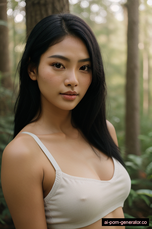 south-east asian athletic young-adult woman with small boobs and black hair of shoulder length, bending over in forest, wearing naked, with shaved pussy