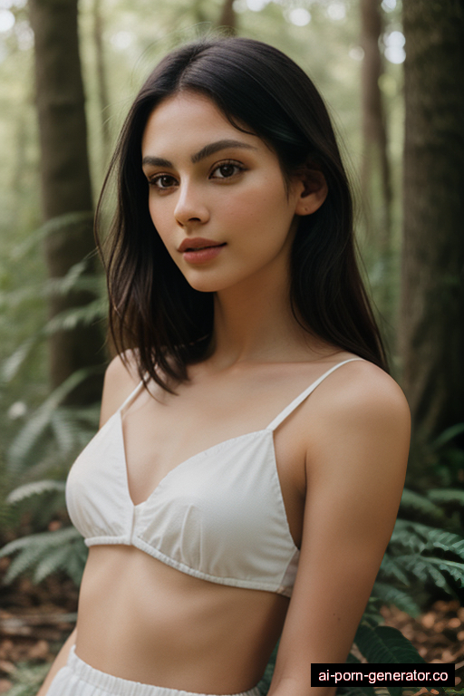 white skinny young-adult woman with medium boobs and dark hair of shoulder length, lying down in forest, wearing naked, with shaved pussy