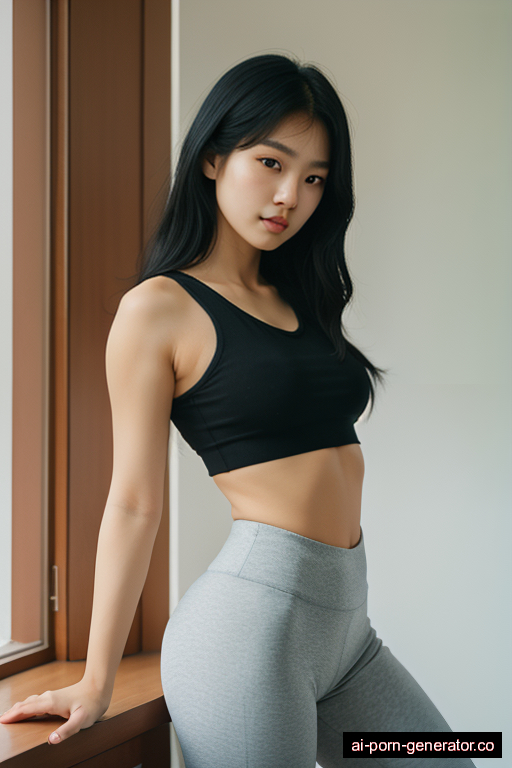 korean average built young-adult woman with medium boobs and black hair of shoulder length, splitting legs in sauna, wearing yoga pants, with shaved pussy