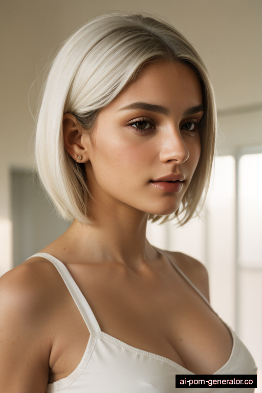 italian athletic young-adult woman with small boobs and white hair of shoulder length, standing in hospital, wearing crop top, with shaved pussy