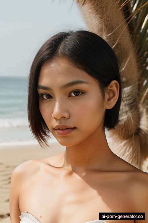 indonesian athletic young-adult woman with small boobs and blonde hair of shoulder length, bending over in beach, wearing naked, with shaved pussy