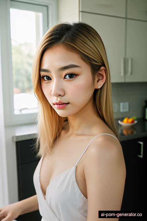 korean average built teen woman with medium boobs and blonde hair of shoulder length, sitting in kitchen, wearing dress, with shaved pussy