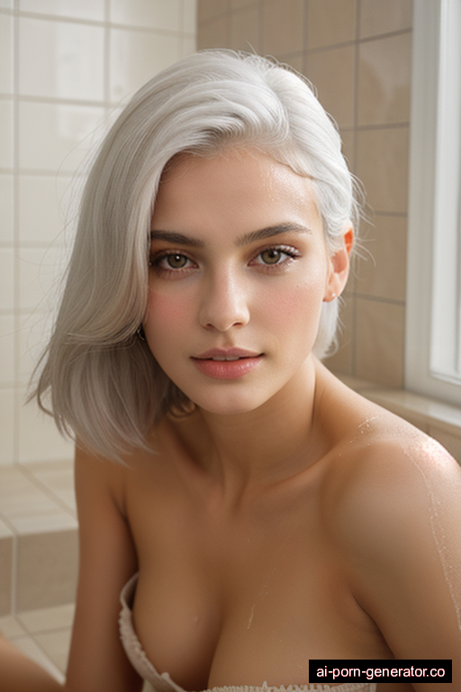 french skinny young-adult woman with medium boobs and white hair of shoulder length, lying down in shower, wearing naked, with shaved pussy