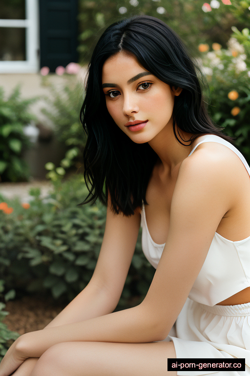 french athletic young-adult woman with small boobs and black hair of shoulder length, sitting in garden, wearing skirt, with shaved pussy