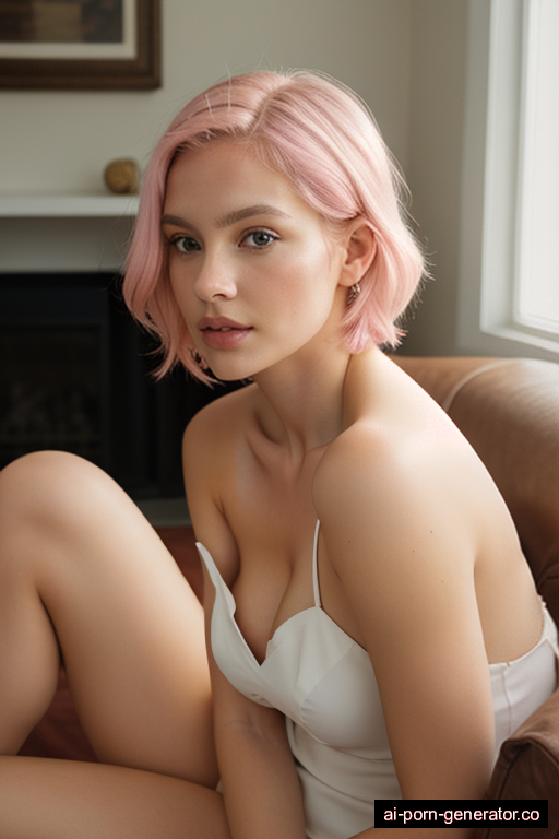 white average built young-adult woman with medium boobs and pink hair of shoulder length, sitting in bedroom, wearing lingerie, with shaved pussy