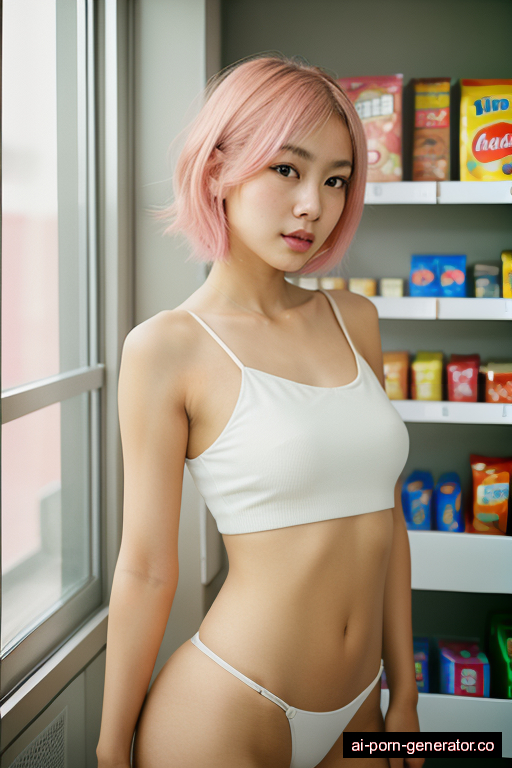 japanese skinny young-adult woman with medium boobs and pink hair of shoulder length, standing in supermarket, wearing naked, with shaved pussy