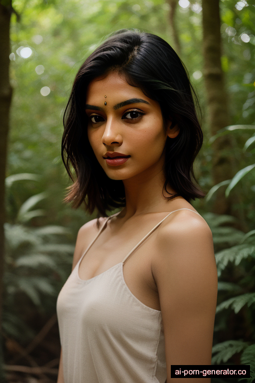 indian skinny young-adult woman with medium boobs and dark hair of shoulder length, bending over in forest, wearing naked, with shaved pussy