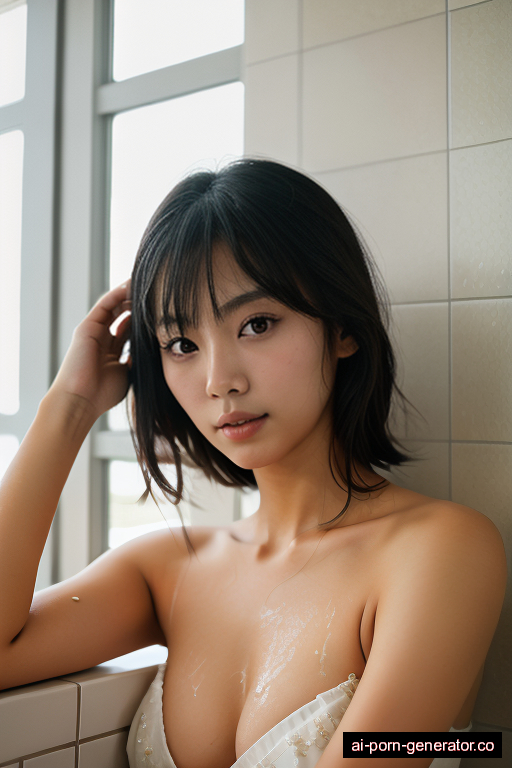 japanese skinny young-adult woman with small boobs and dark hair of shoulder length, lying down in shower, wearing dress, with shaved pussy