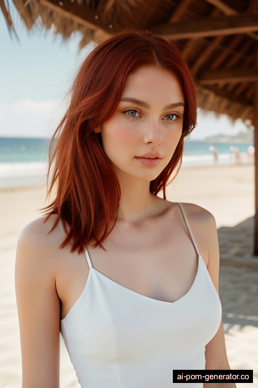 white skinny young-adult woman with medium boobs and red hair of shoulder length, standing in beach, wearing naked, with shaved pussy