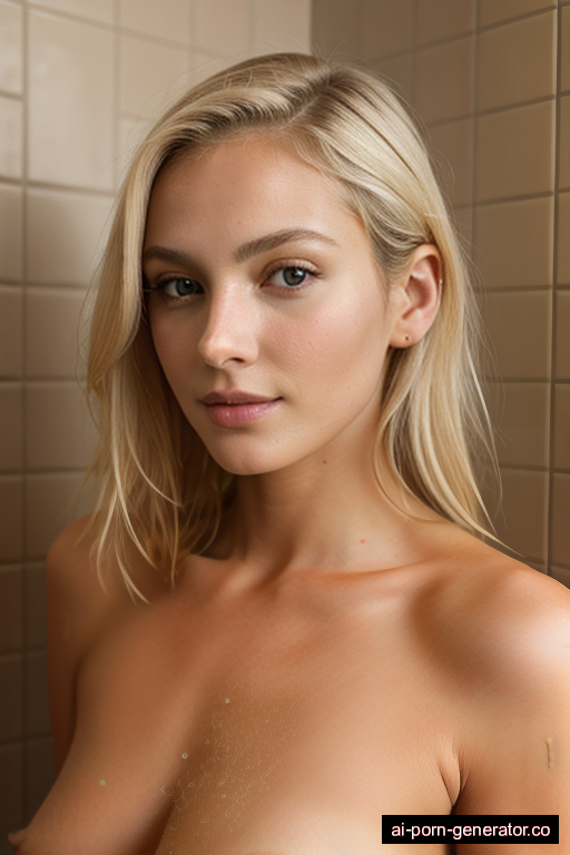 white skinny adult woman with small boobs and blonde hair of shoulder length, standing in shower, wearing naked, with shaved pussy