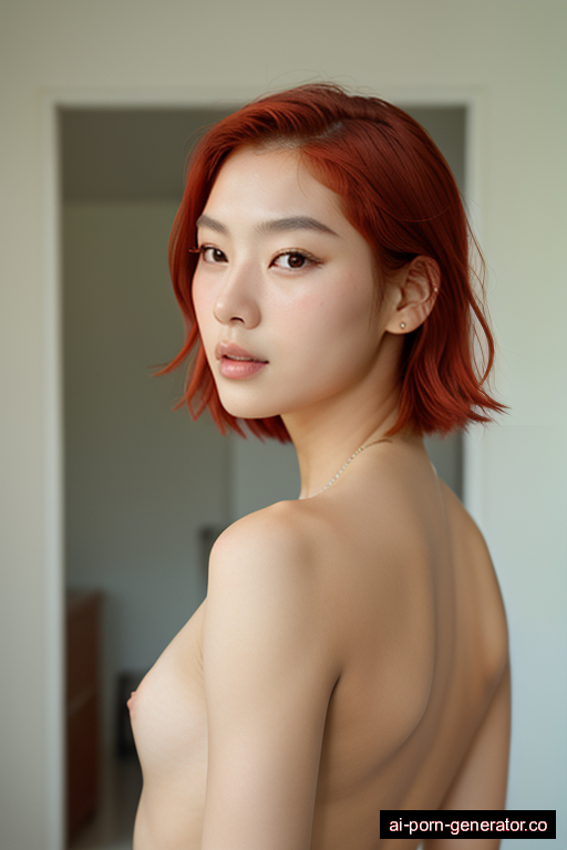 korean athletic young-adult woman with medium boobs and red hair of shoulder length, bending over in bedroom, wearing naked, with shaved pussy