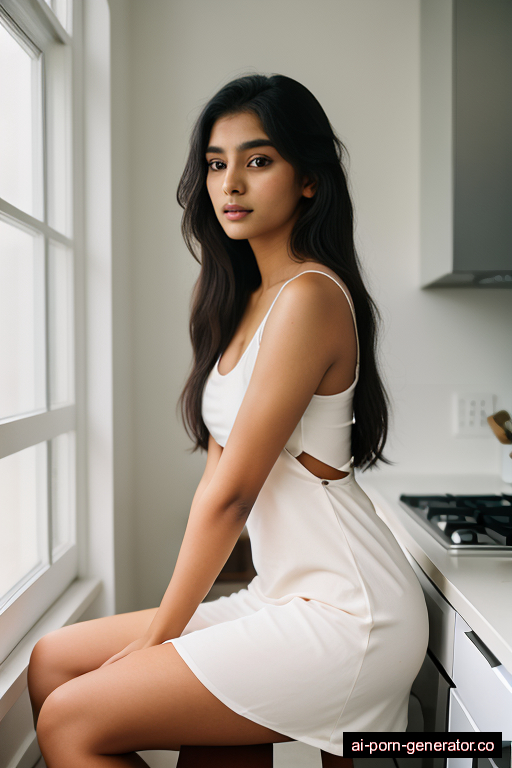 indian skinny teen woman with medium boobs and dark hair of shoulder length, sitting in kitchen, wearing dress, with shaved pussy