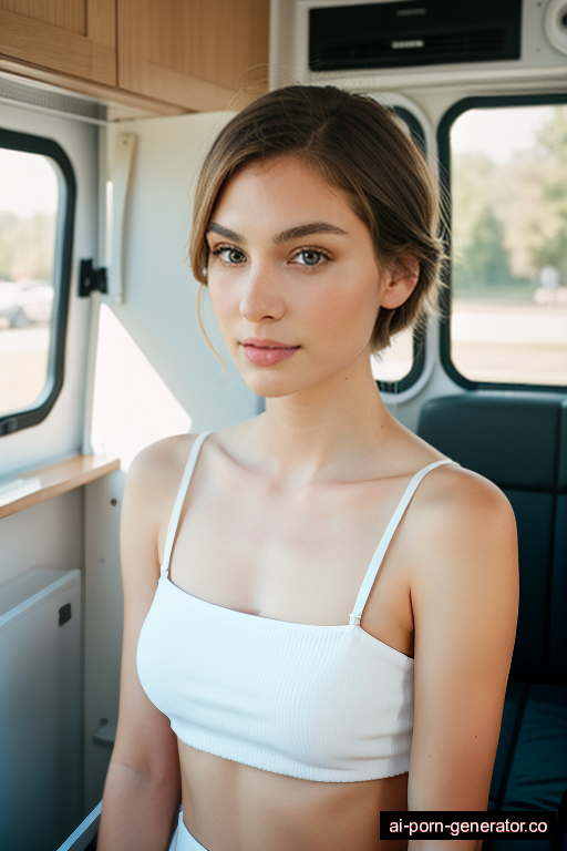 white average built young-adult woman with medium boobs and blonde hair of shoulder length, standing in camper van, wearing naked, with shaved pussy