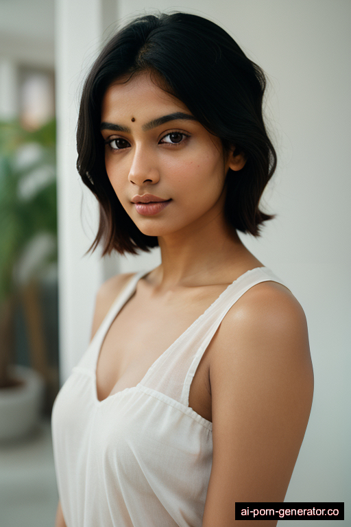 indian average built young-adult woman with small boobs and dark hair of shoulder length, standing in bedroom, wearing skirt, with shaved pussy