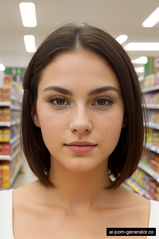 white athletic young-adult woman with medium boobs and blonde hair of shoulder length, bending over in supermarket, wearing naked, with shaved pussy