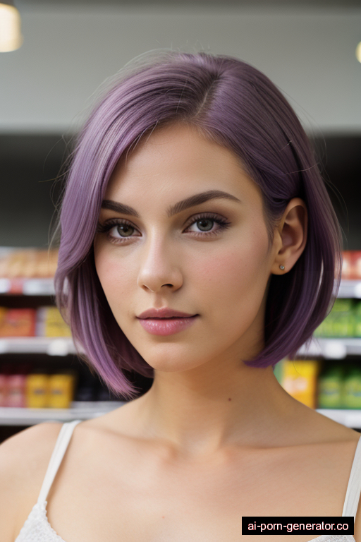 white average built young-adult woman with medium boobs and purple hair of shoulder length, bending over in supermarket, wearing naked, with shaved pussy