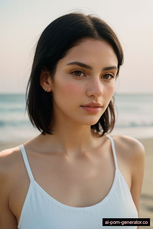 white athletic young-adult woman with small boobs and black hair of shoulder length, standing in beach, wearing naked, with shaved pussy