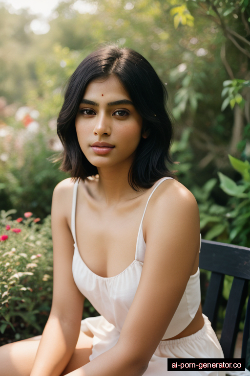 indian average built young-adult woman with small boobs and dark hair of shoulder length, sitting in garden, wearing naked, with shaved pussy