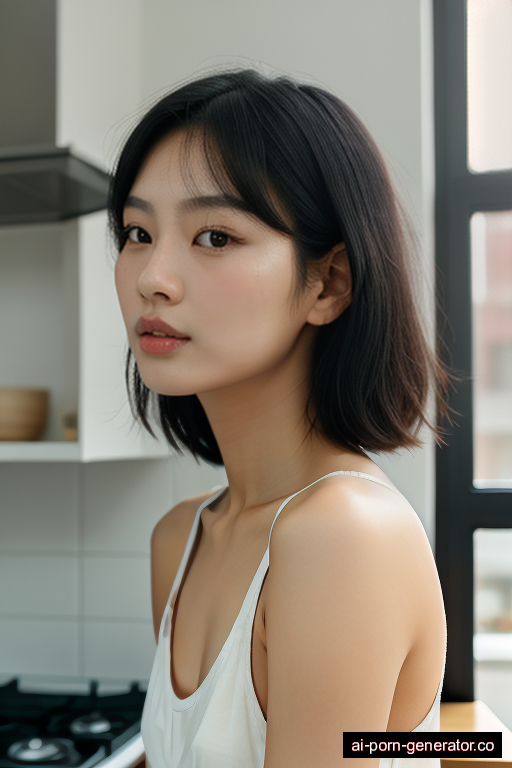 korean skinny young-adult woman with medium boobs and dark hair of shoulder length, bending over in kitchen, wearing naked, with shaved pussy