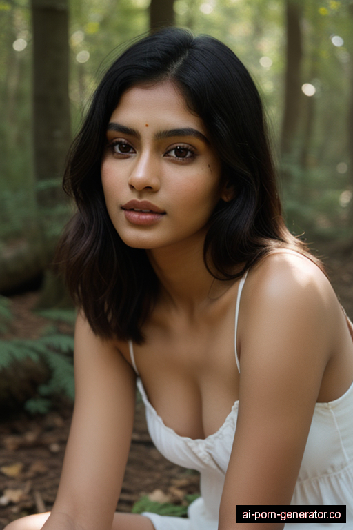 indian skinny young-adult woman with small boobs and dark hair of shoulder length, sitting in forest, wearing panties only, with shaved pussy