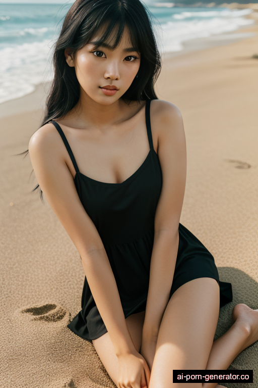 south-east asian athletic young-adult woman with small boobs and black hair of shoulder length, lying down in beach, wearing dress, with shaved pussy