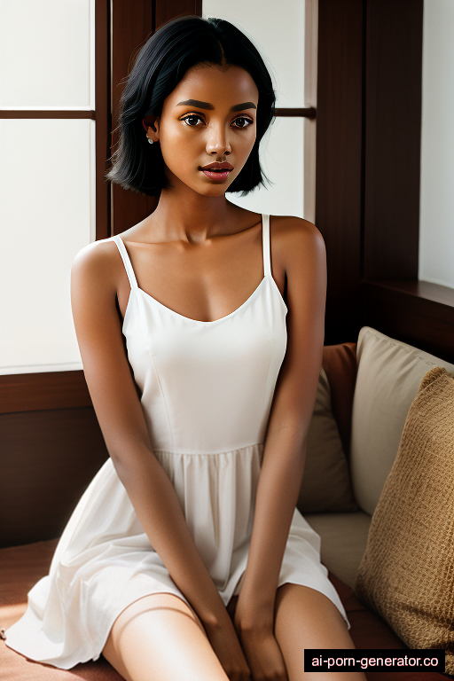 ethiopian athletic young-adult woman with small boobs and black hair of shoulder length, sitting in bedroom, wearing dress, with shaved pussy