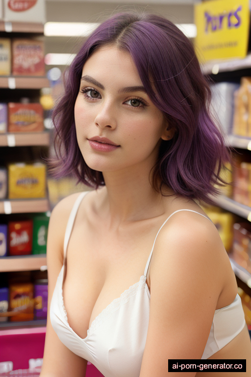 white average built young-adult woman with medium boobs and purple hair of shoulder length, lying down in supermarket, wearing naked, with shaved pussy